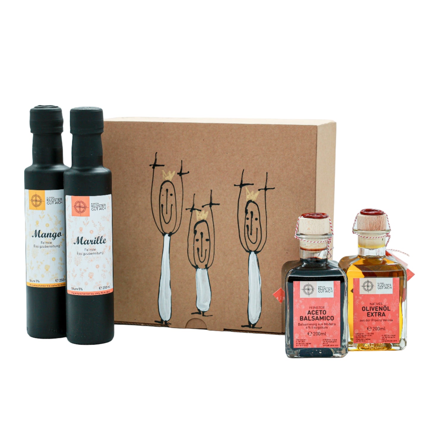 Geschenkbox mit Mango-Essig, Marillen-Essig, Aceto Balsamico und Olivenöl extra vom Europakloster Gut Aich
