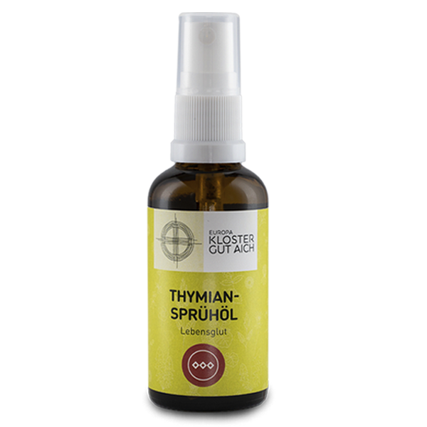 Thymian Sprühöl "Lebensglut" vom Europakloster Gut Aich - grünes Etikett mit Kräutern darauf, Pumpsprayflasche 50ml