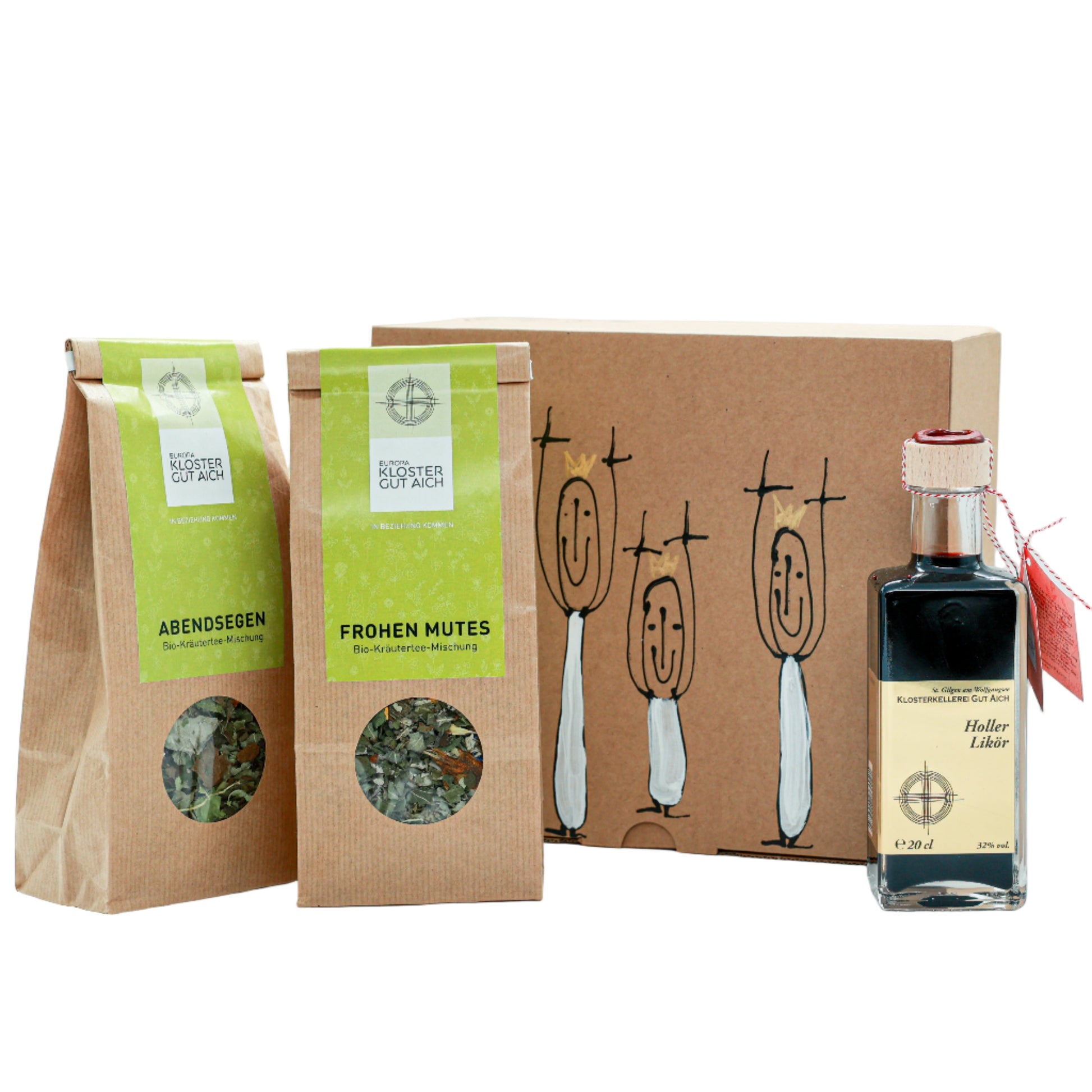 Geschenkbox mit Bio-Kräutertee Abendsegen, Bio-Kräutermischung Frohen Mutes und Hollerlikör vom Europakloster Gut Aich