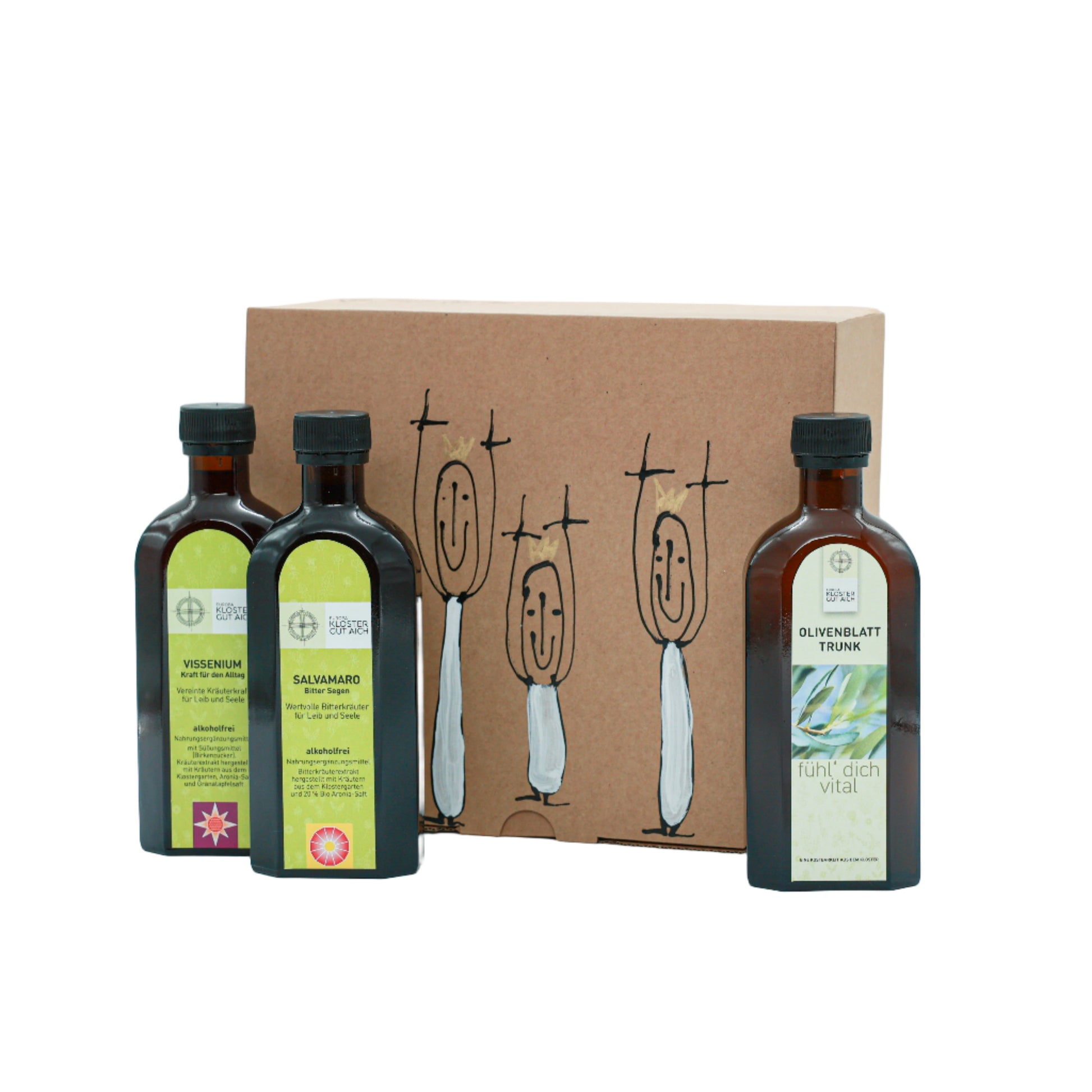 Geschenkbox mit Vissenium, Salvamaro und Olivenblatt-Trunk vom Europakloster Gut Aich