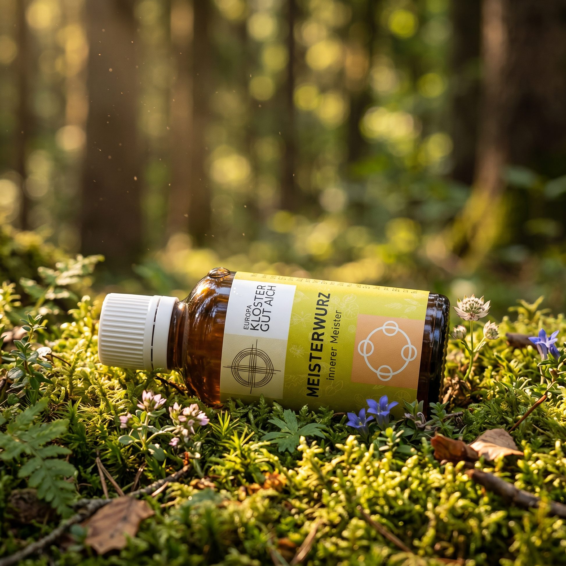 Kräutertinktur mit biologischem Meisterwurz im Wald auf dem Waldboden