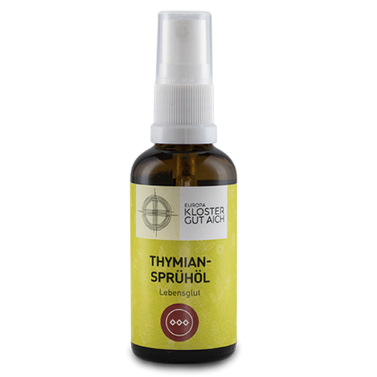 Thymian Sprühöl "Lebensglut" vom Europakloster Gut Aich - grünes Etikett mit Kräutern darauf, Pumpsprayflasche 50ml